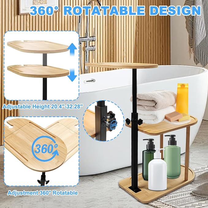 3 Layer Bath Tub Tray Table Liftable Freestanding Bamboo Bath Tray Caddy - Image 3