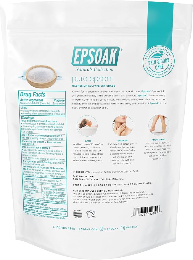 Epsoak Epsom Salt 2 lb. Magnesium Sulfate USP. Resealable Epsom Salt Bag - Image 6