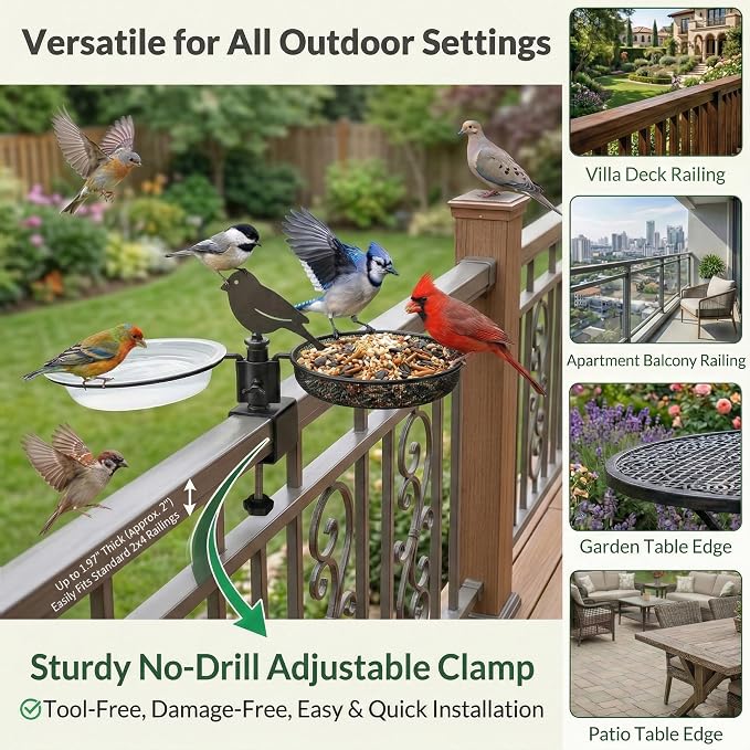 Deck Bird Feeder & Bird Bath for Balcony Railing, No-Drill Clamp Fits up to - Image 3
