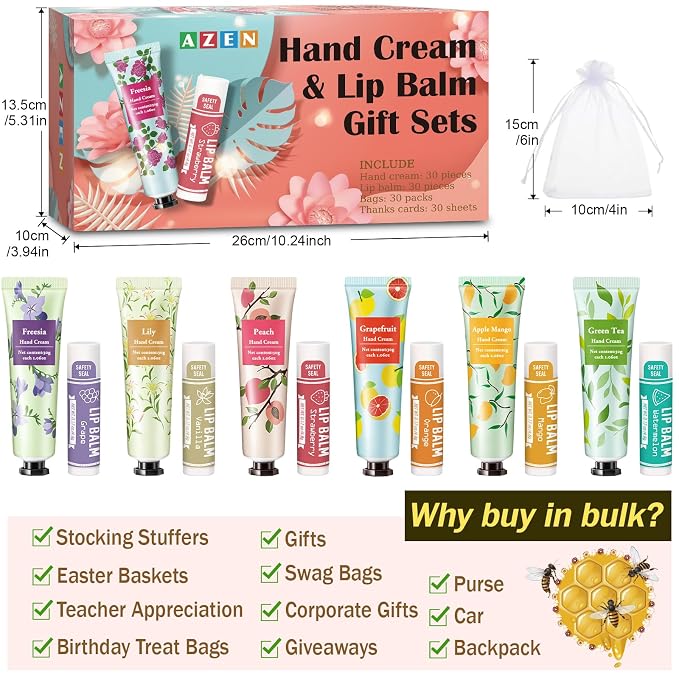 AZEN 30 Sets Bulk Gifts, Hand Cream and Lip Balm Bulk Set - Image 6