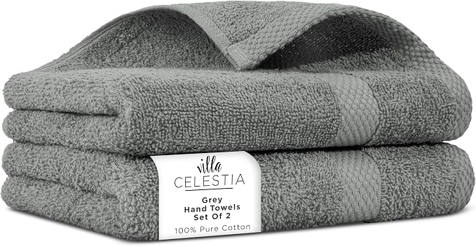 100% Cotton Hand Towel Set of 2, Sustainable, Highly Absorbent, Quick Drying by VillaCelestia