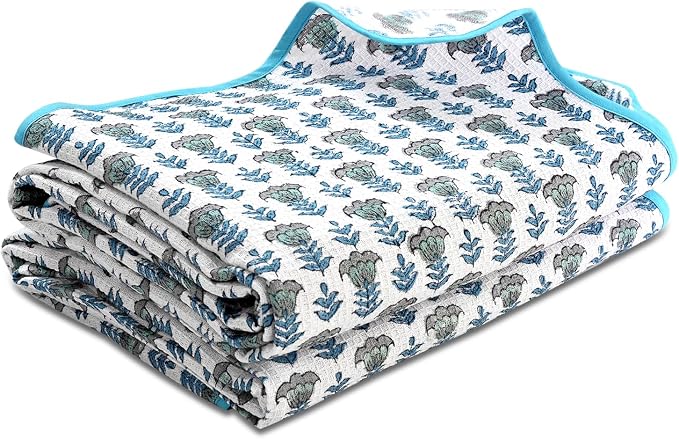 Ridhi Block Print Aquamarine Blue Cotton Spa Towel 27"x54" Set of 2 Handmade - Image 7