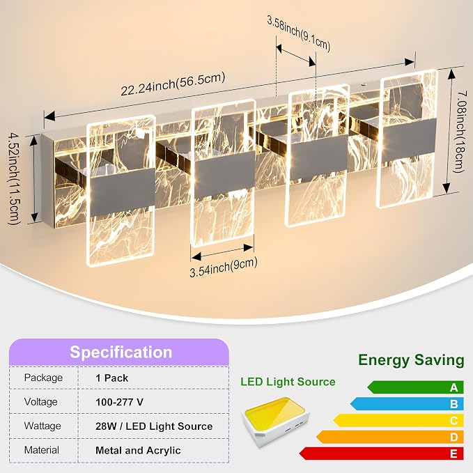 Modern LED Bathroom Light Fixtures Dimmable 4-Light Chrome Vanity Light - Image 5