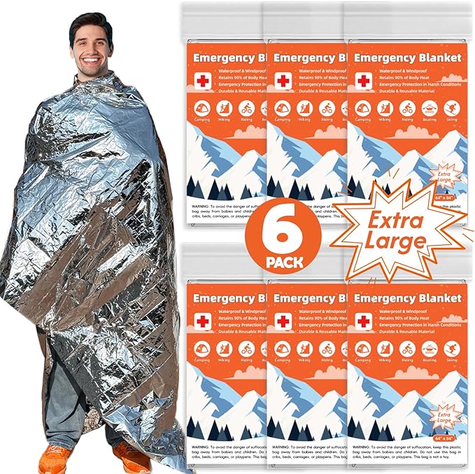 6 Pack Emergency Thermal Blanket Survival, 84” x 64” Extra Large Mylar Blankets by Unknown