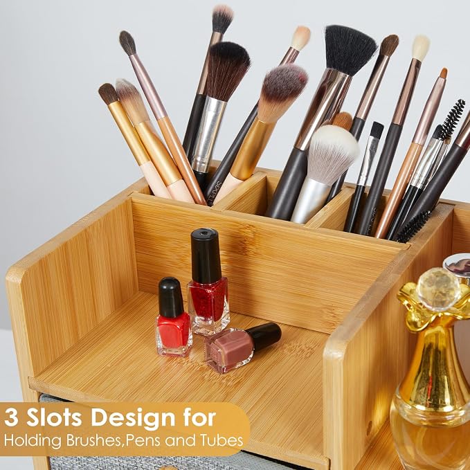 Large Makeup Organizer For Vanity, Large Capacity 3 Tiers Bamboo Bathroom - Image 7