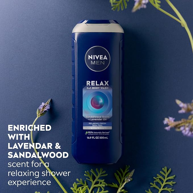 NIVEA MEN Relax Body Wash, Lavender and Sandalwood Scent, 3-in-1 Men's Body Wash - Image 3