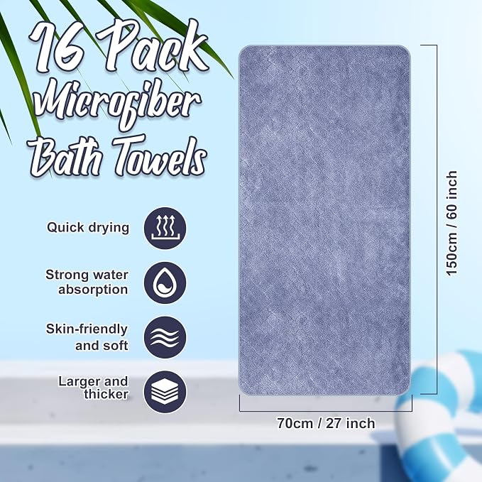 SmoothNovelty 16 Pack Microfiber Bath Towels Bulk 27'' x 60'' Oversized Size - Image 2