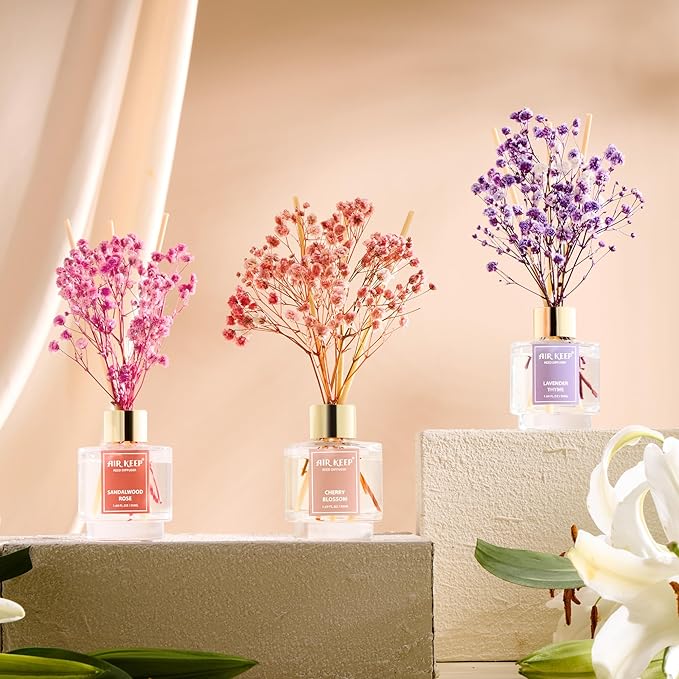 Airkeep Reed Diffuser Set of 3, Lavender Thyme Sandalwood Rose Cherry Blossom - Image 4