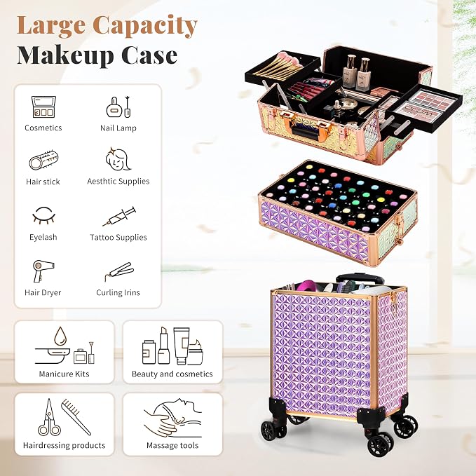 3 in 1 Rolling Makeup Train Case Professional Large Cosmetic Trolley - Image 3