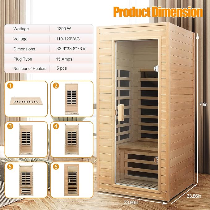 Far Infrared Sauna, 1 Person Infrared Sauna, Canadian Hemlock Wood 1290W - Image 6