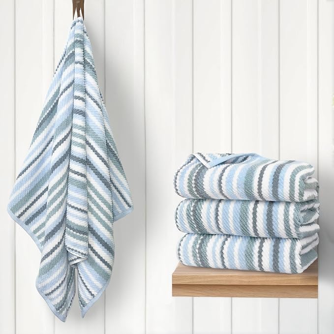 Blue Striped Bath Towels Set of 4, 100% Cotton, Lightweight, Super Soft & by VOOVAMOVAS