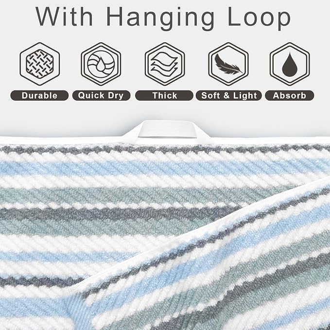 Blue Striped Towels Set of 3, 100% Cotton, Quick Dry, Soft & Absorbent Luxury - Image 3