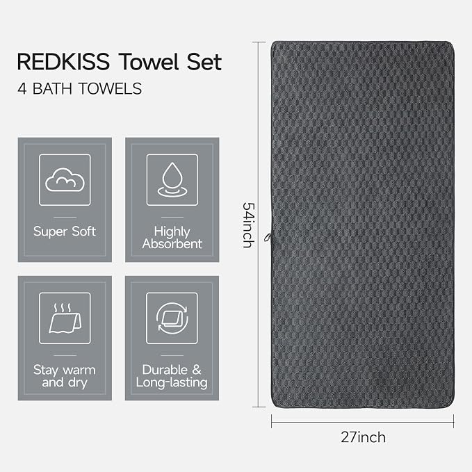 REDKISS 4 Pack Charcoal Gray Microfiber Bath Towels - Image 2