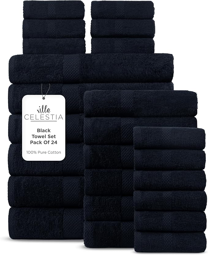 100% Cotton Bath Towel Set of 24-6 Bath Towels, 6 Hand Towels, 12 Wash Cloths by VillaCelestia