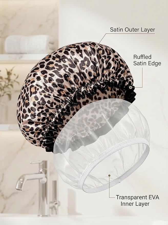 Aquior Shower Cap, Reusable Waterproof Leopard Print Hair Cap, Dual Layer Large - Image 2