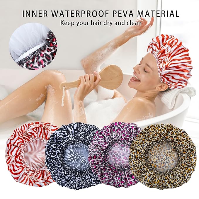 4 PCS Shower Caps for Women, Elastic and Reusable Bath Caps, Double Waterproof - Image 7