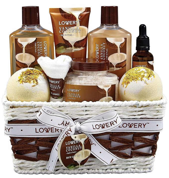 Gifts For Women Gift Basket for Women– 9 Piece Set of Vanilla Coconut Home Spa by LOVERY