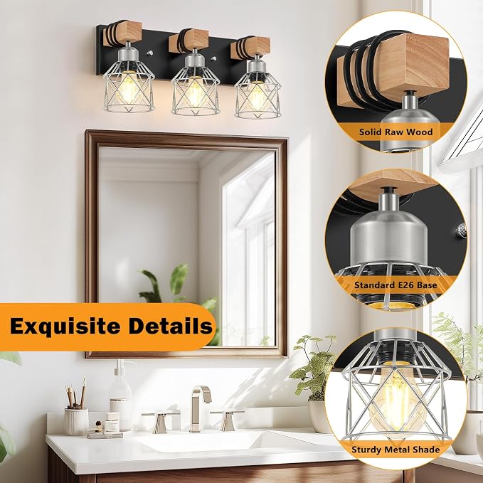 FadimiKoo 3-Light Wood Bathroom Light Fixtures Over Mirror, Rustic Black Silver - Image 3