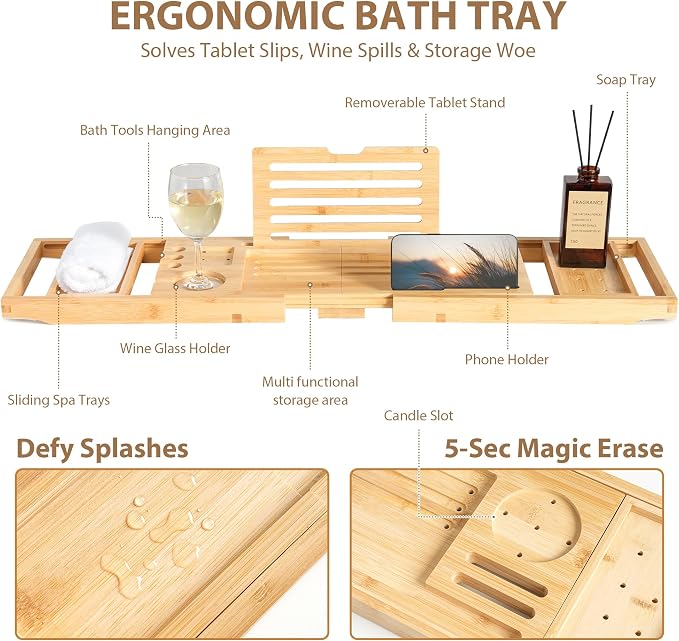 Bamboo Bathtub Tray | Splash-Proof Adjustable | Non-Slip Pads, Wine Holder & - Image 2
