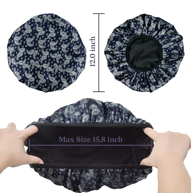 Bandana Satin Shower Cap, Three-Layer Terry Cloth Lined, - Image 2