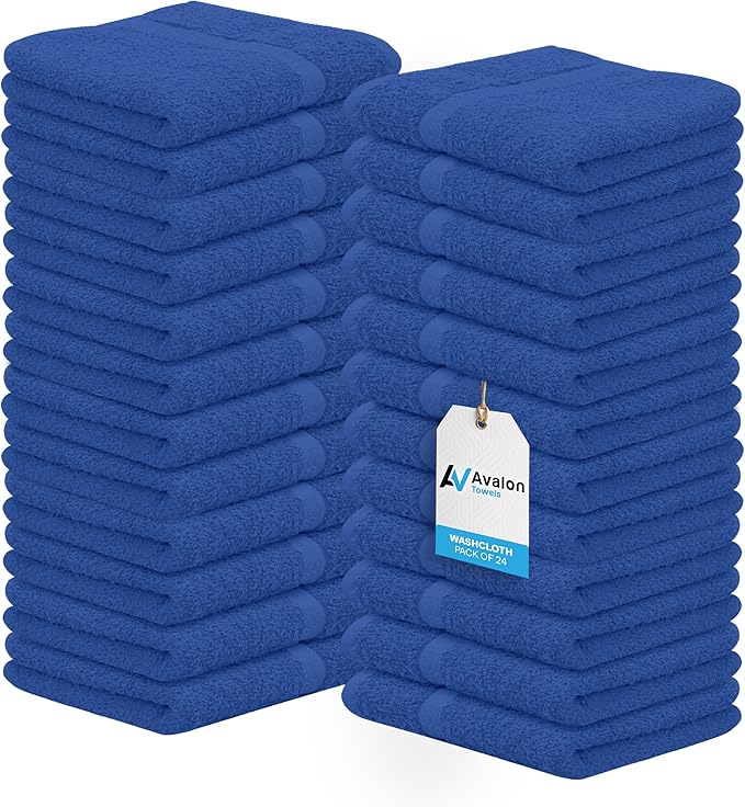 Avalon Towels Cotton Washcloths 24-Pack – 12 x 12 Inch Blue Super Soft & by AvalonTowels