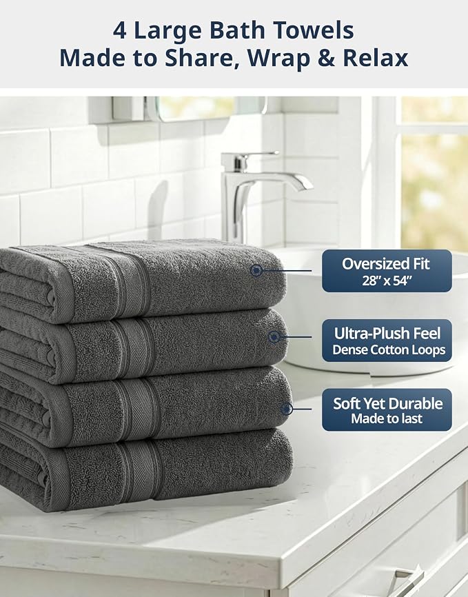 LANE LINEN 100% Cotton Bath Towels Set of 4 - Image 3