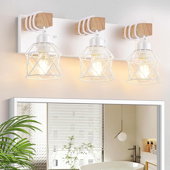 FadimiKoo 3-Light Farmhouse White Bathroom Vanity Light Fixtures, Rustic Wood by FadimiKoo
