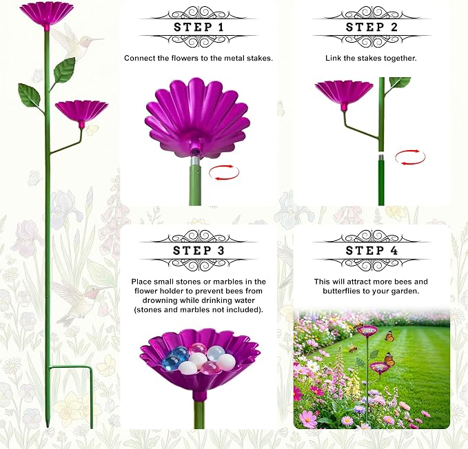 Bee Watering Station for Garden 4 Pack, Metal Double-Flower Bee Bath Garden - Image 4