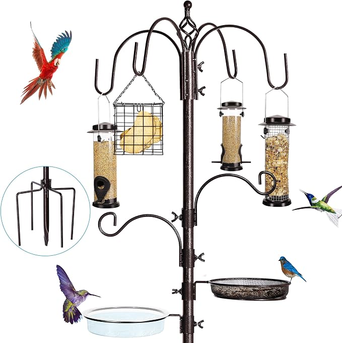 YINGYM 6-Hook Bird Feeding Station Kit, Wild Bird Feeder Stand Pole, Bird Bath by YINGYM