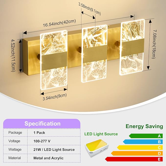 Modern LED Bathroom Light Fixtures Dimmable 3-Light Gold Vanity Light, 5CCT - Image 5