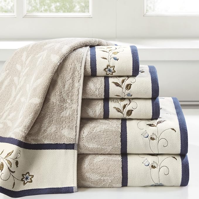 Madison Park Serene 100% Cotton Bath Towel Set Luxurious Floral Decorative - Image 2