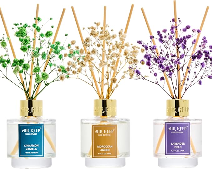 Airkeep Reed Diffuser Set of 3, Cinnamon Vanilla Lavender Field Moroccan Amber by Airkeep