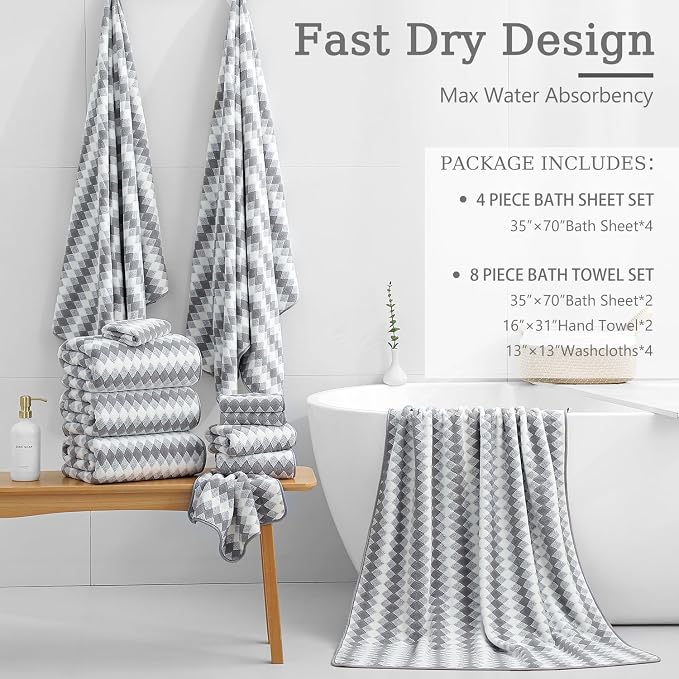 8 Piece Bathroom Towel Set Gray |2 Oversized Large Bath Towels Sheet, 2 Hand - Image 3