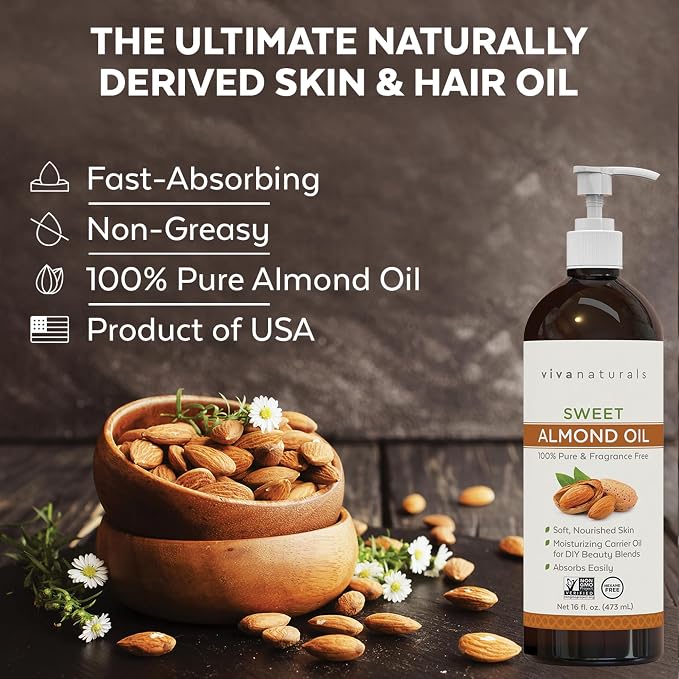 Viva Naturals Sweet Almond Oil, 16 fl. oz – Skin & Hair Moisturizer, Body & - Image 2
