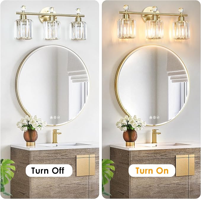 3-Light Gold Bathroom Light Fixtures Modern K9 Crystal Vanity Lights Wall Sconce - Image 4