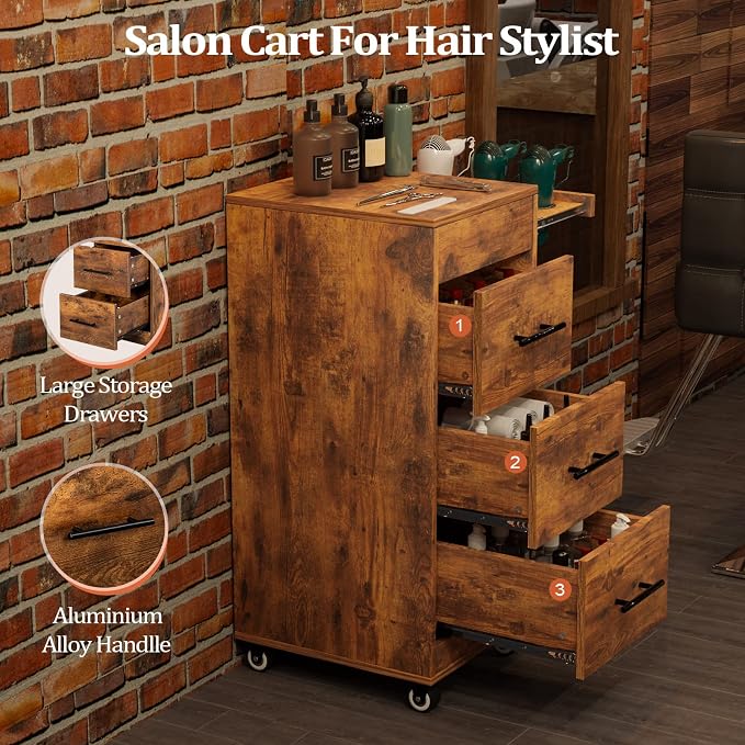 Salon Trolley Cart with Wheels, 3-Drawer Rolling Hair Styling Station, Mobile - Image 3