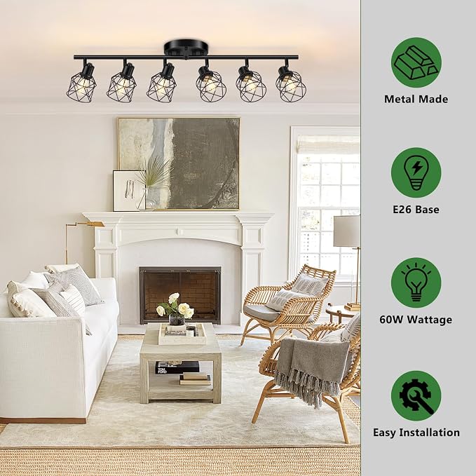 Baocuz 6-Lights Black Semi Flush Mount Ceiling Light, Rotatable Kitchen Track - Image 3