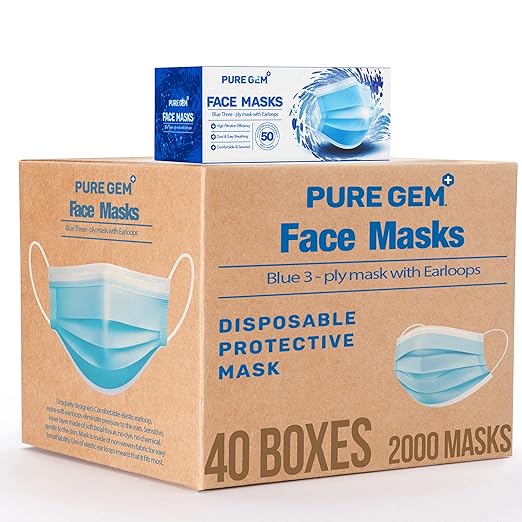3-Ply Disposable Face Masks, Soft on Skin, Pack of Blue Masks by PURE+GEM
