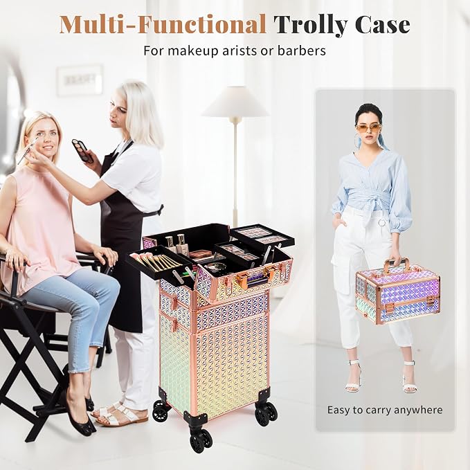 3 in 1 Rolling Makeup Train Case Professional Large Cosmetic Trolley - Image 4