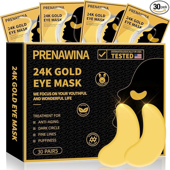 Under Eye Patches for Puffy Eyes Treatment 30 Pairs, 24K Gold Under Eye Masks by Prenawina