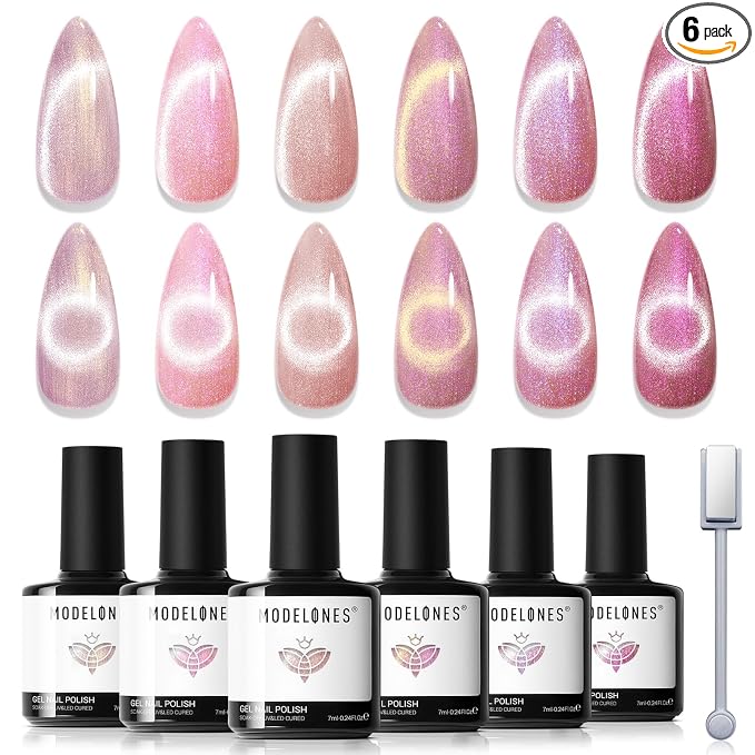 Modelones Cat Eye Gel Nail Polish Set, 6 Colors Summer Neutral Nude Pink by MODELONES