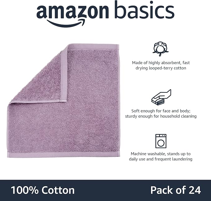 Amazon Basics washcloth for Bathroom, 100% Cotton Extra Absorbent, Fast Drying - Image 4