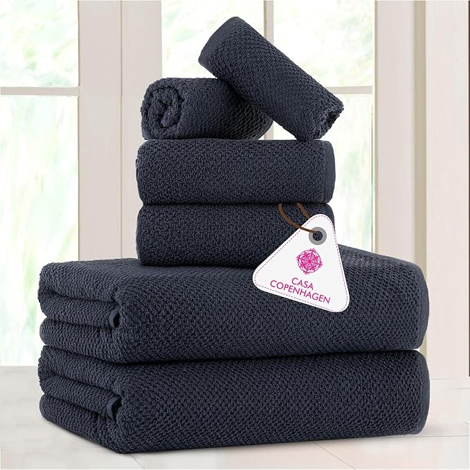 CASA COPENHAGEN Popcorn Textured 6 Pieces Towel Set- Navy Blue, 550 GSM 2 Bath - Image 2
