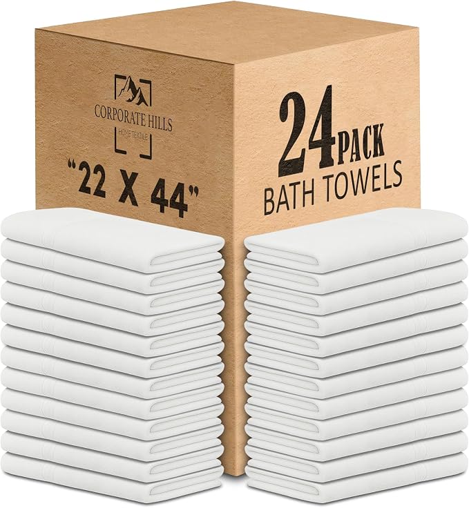 CH White Bath Towels Bulk Pack of 24 – Pure Cotton Lightweight & Absorbent by CorporateHills