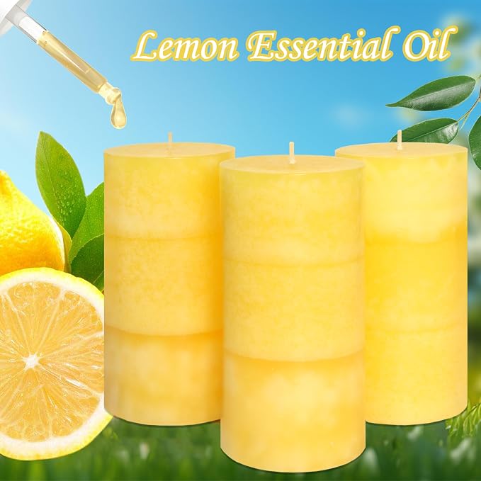 3 x 6 Inches Pillar Candles Lemon Scented Yellow Decorative Rustic Candles - Image 3