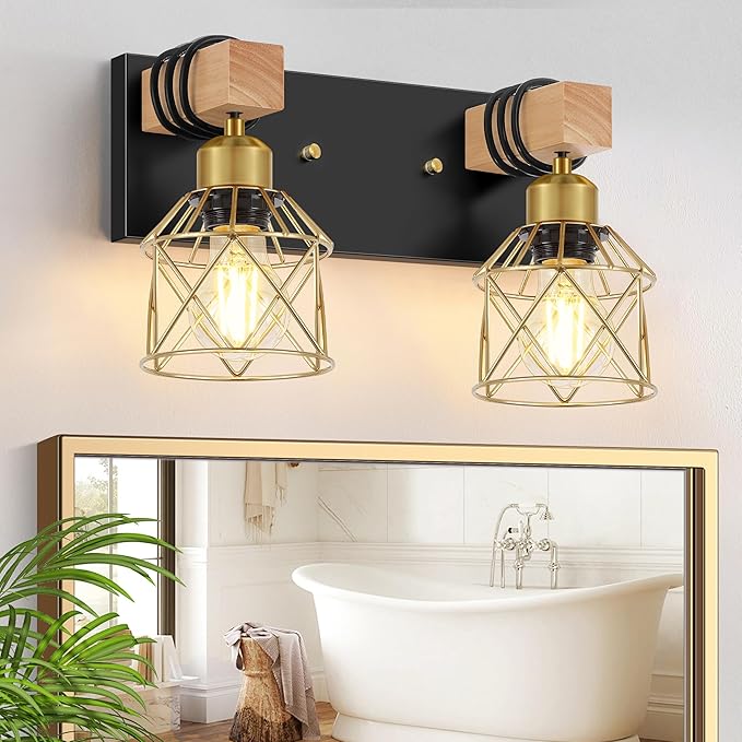 FadimiKoo Rustic Style Wood Bathroom Wall Sconces, 2-Light Black Gold Bathroom by FadimiKoo