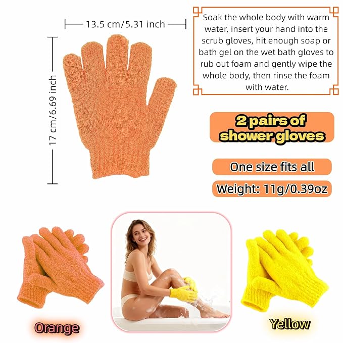 Exfoliating Shower Gloves, 2 Pairs Reinforced Nylon Bath Scrubbing Mitts - Image 6