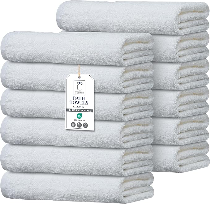 Commercial Bulk Pack of 12 Small Bath Towels – 100% Cotton Terry 24" x 46" – by TEXCRAFT