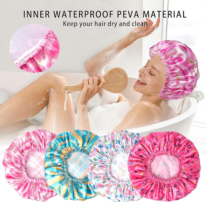 4 PCS Shower Cap for Women, Elastic and Reusable Bath Caps, Double Layers - Image 7