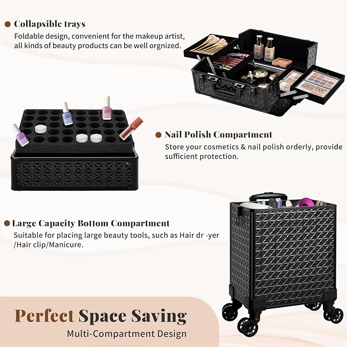 3 in 1 Rolling Makeup Train Case Professional Large Cosmetic Trolley - Image 6